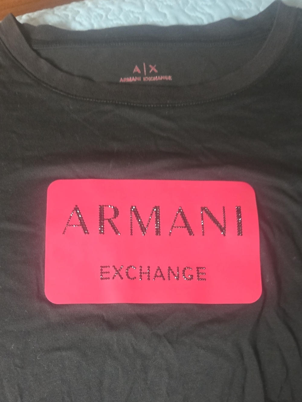 Women's Armani Exchange Black Tee with Pink Logo Plaque